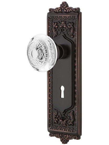 Egg and Dart Mortise-Lock Set with Matching Crystal-Glass Knobs in Timeless Bronze.